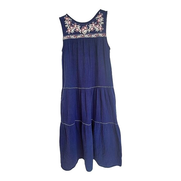 Max Studio Embroidered Sleeveless Dress Pockets Tiered Cotton Gauze XS Navy Blue - Picture 2 of 16